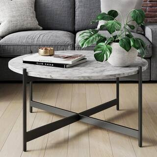 Nathan James Piper 36 in. White/Black Medium Round Faux Marble Coffee Table | The Home Depot