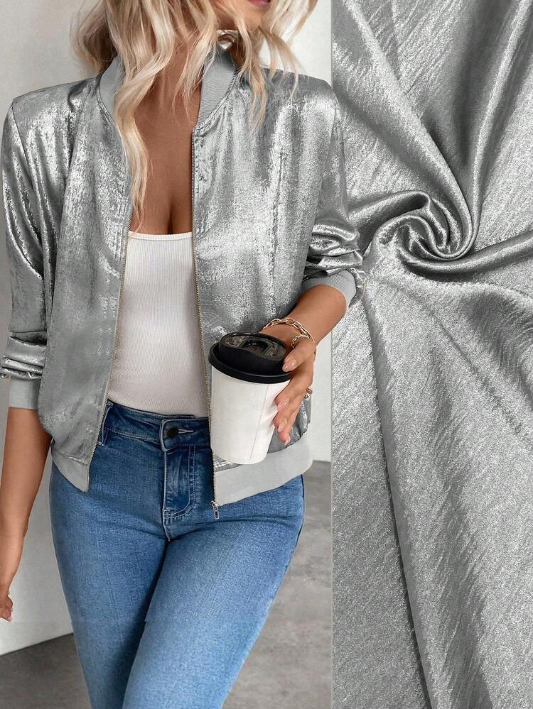 Keke Bloomly Lightweight Long Sleeve Gray Foil Jacket, Women Cardigans, Women Lightweight Cardigans, Country Outfits Women, Vintage Clothes Women Festival Spring Casual | SHEIN
