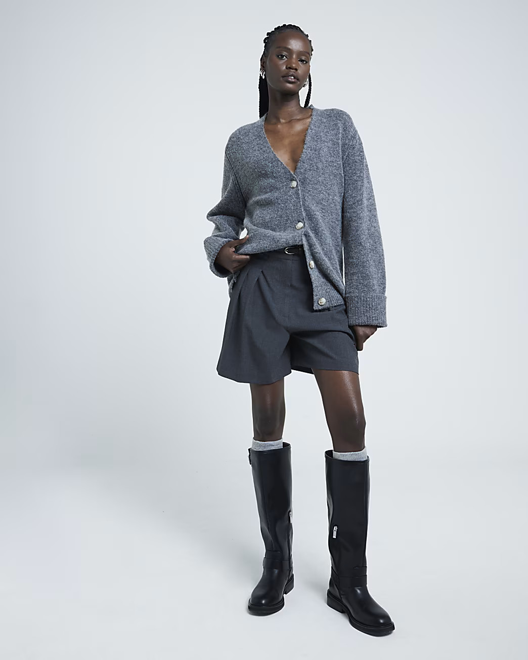 Grey knit button up cardigan | River Island (UK & IE)