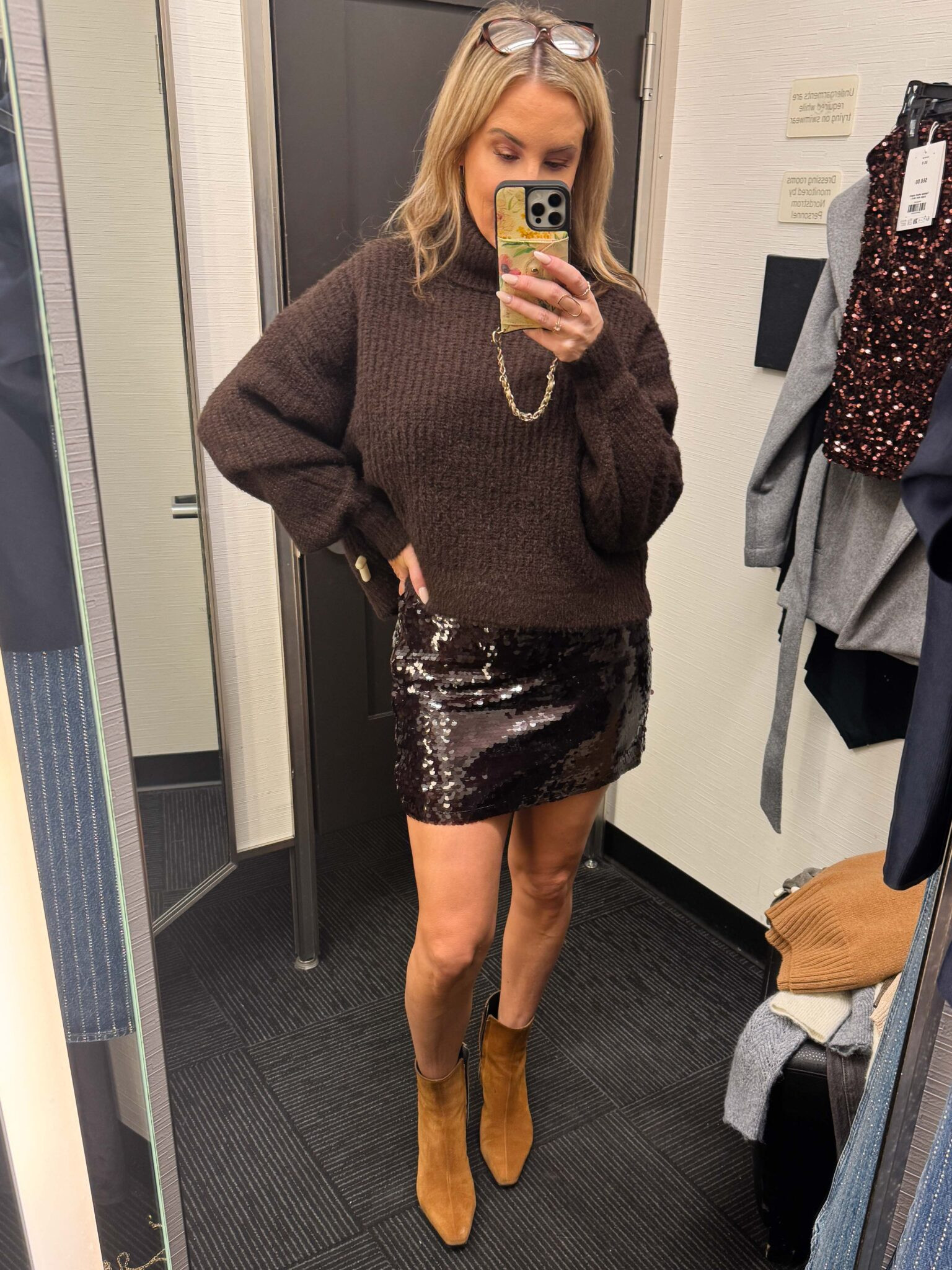 Holiday Outfit Inspo: Chocolate brown is obviously having a moment, and I couldn't not try these two skirts the second I saw them. The color feels a little more unexpected than black but still crazy versatile–it works with almost every cozy sweater in my closet. (And if you need extra warmth, matte brown tights or a fun patterned pair blend in beautifully without taking away from the sparkle.) Links in the comments! xo, Scotti 

 #LTKootd