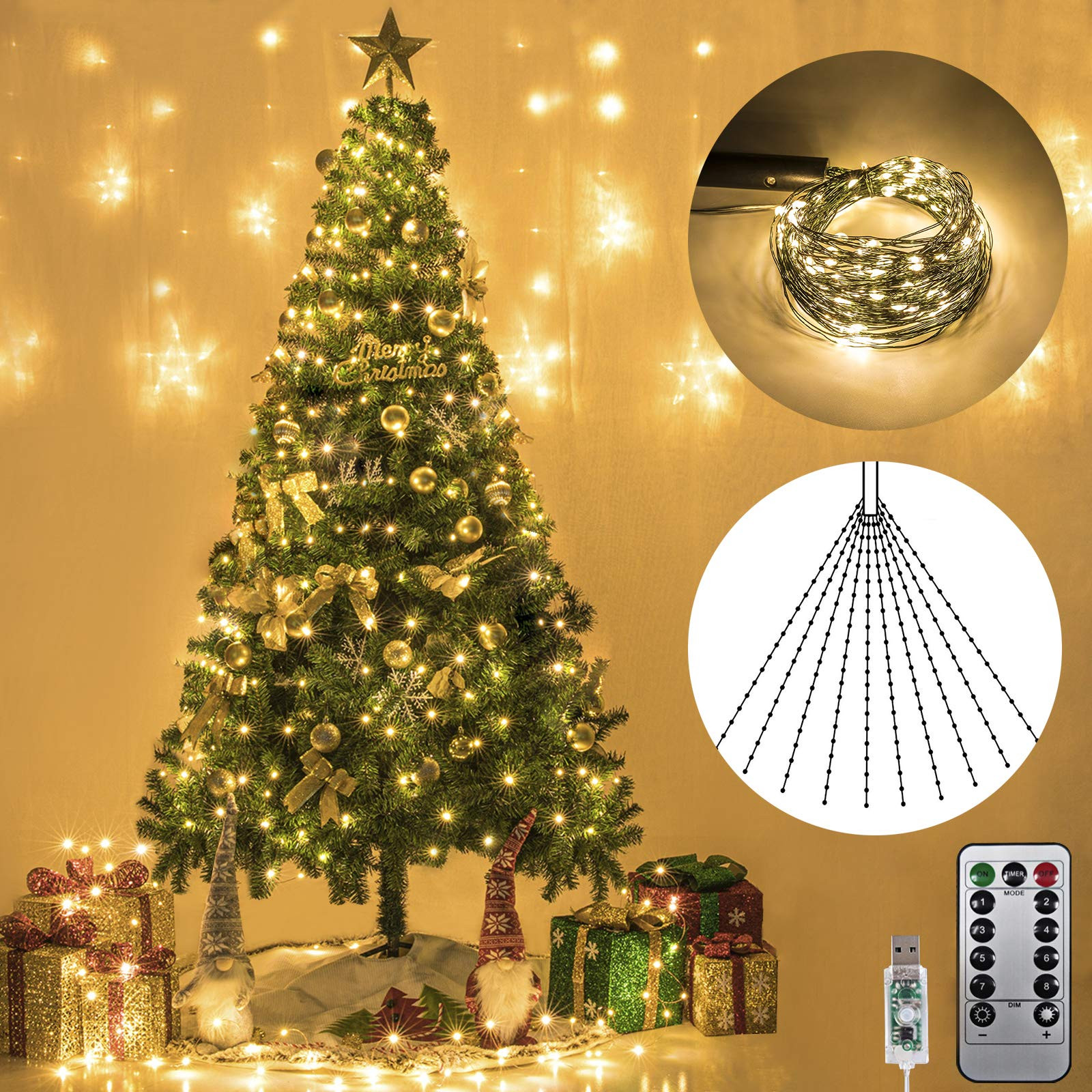 AWQ 200 LED 6.6FTx10 Christmas Tree String Lights 8 Modes LED Fairy String Lights USB Powered wit... | Amazon (US)
