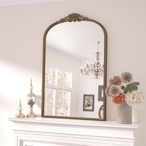 Keonjinn Vintage Mirror Gold 24" x 36", Arched Decorative Mirrors for Wall Decor, Antique Mirrors Bathroom, Ornate Baroque Brass Mirror for Mantle, Entryway, Living Room, French Cleat Mounting | Amazon (US)