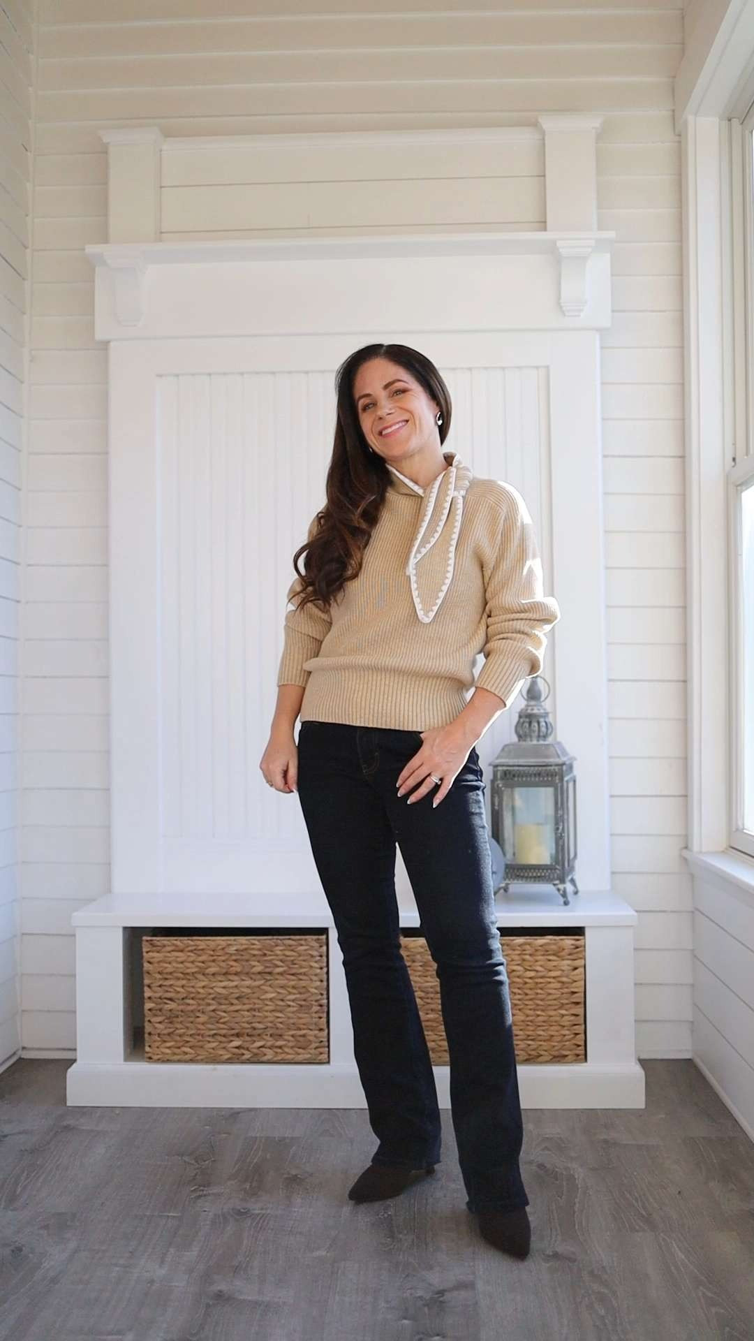 Tres chic! LOFT sweater with French girl vibes - the detailing on this one elevates your entire look. Comes in petite sizing (and navy too). It's also 30% off right now. Pair with dark denim and a classic suede bag for easy, casual elegance. Madewell's petite stretch flare jean is a great match for the sweater.

French inspired | Parisian look | winter sweater | tie neck sweater | scarf sweater  

 #LTKOver40 #LTKSaleAlert #LTKPetite