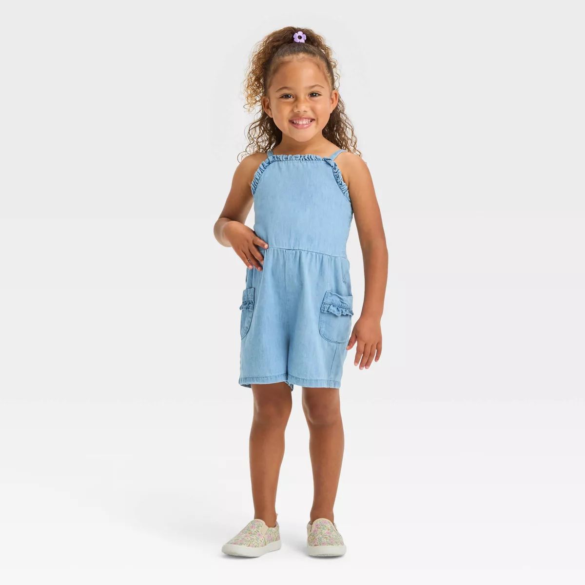 Toddler Girls' Chambray Denim Romper - Cat & Jack™ Blue | Target