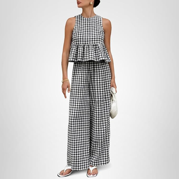 Tanming Women's 2 Piece Set Outfits Gingham Plaid Tank Tops Wide Leg Pants Matching Lounge Sets | Amazon (US)