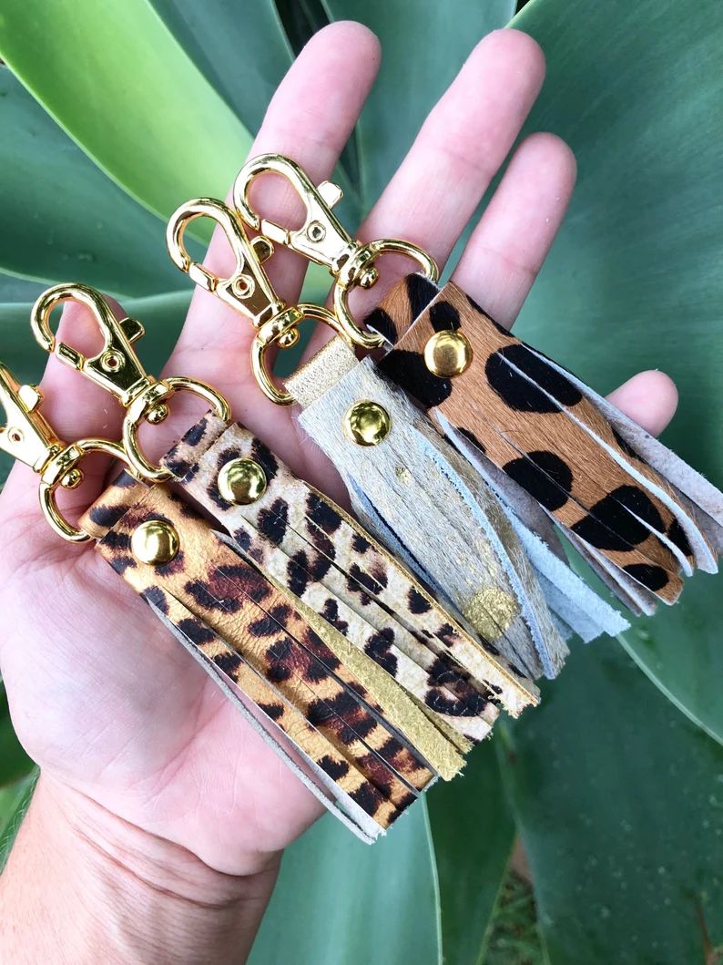 Leather Leopard Cheetah tassel fringe, Glam leather tassel Gold Leather Tassel Keychain, Tassel P... | Etsy (US)