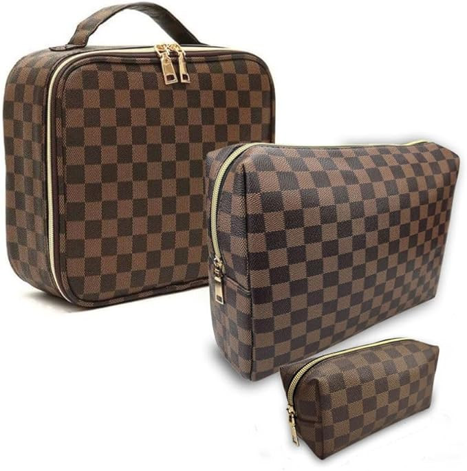 Makeup Bag,3 Pcs Brown Checkered Bags Set,Portable with Adjustable Partition,Large Capacity Pouch... | Amazon (US)