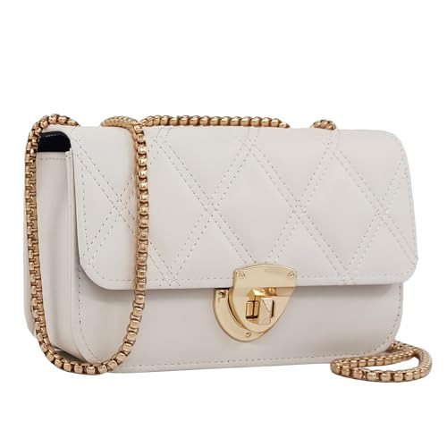 PORT&LOTUS White Mini Quilted Purses for Women Quilted Crossbody Bags for Women Diamond Pattern Small Shoulder Purses for Women with Gold Chain Strap Dress Purses for Women Evening | Amazon (US)