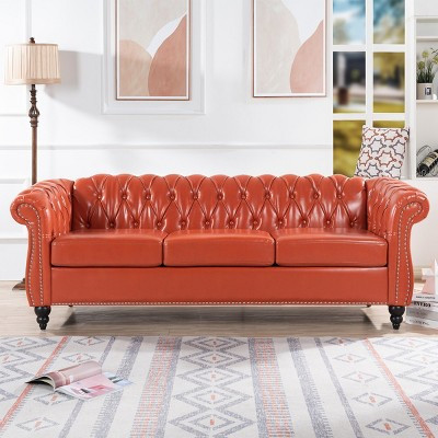 84" Classic Chesterfield Orange PU Leather Sofa, Vintage Three-Seater Couch with Tufted Design for Living Room or Office-Panipeachy | Target