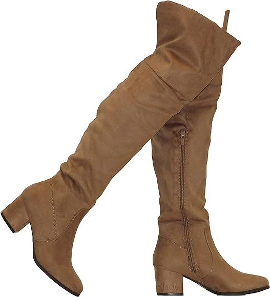 Shoes Women Fashion Comfy Vegan Suede Block Heel Slip on Thigh High Over The Knee Boots | Amazon (US)