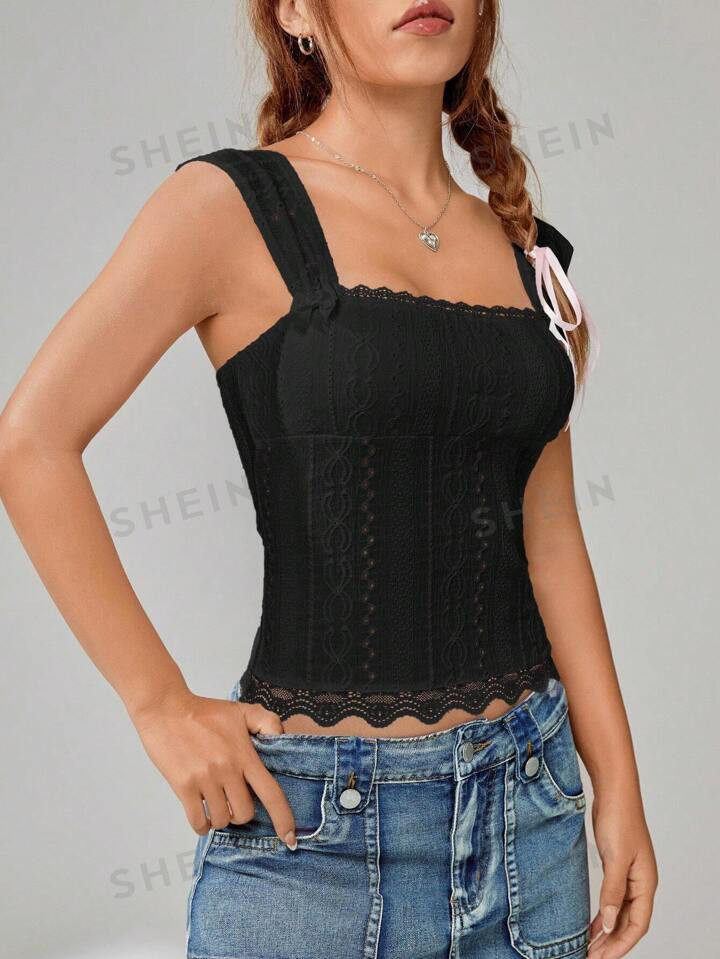 SHEIN EZwear Top De Camisola Bordado Con Ojales Y Ribetes De Encaje Para Mujeres Con Correas Anch... | SHEIN