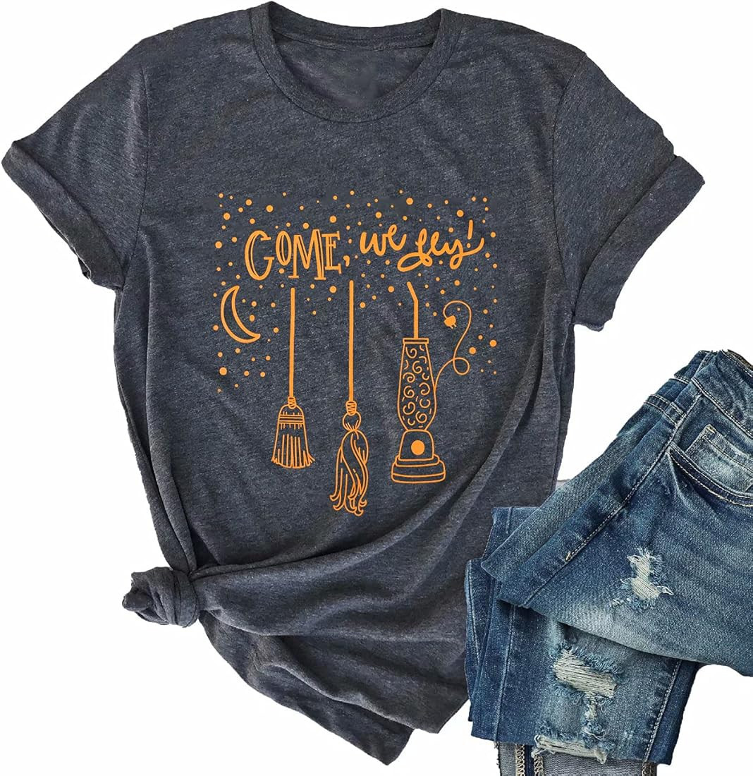 BANGELY Come We Fly T Shirt Women Halloween Funny Witch Shirt Letter Printed Graphic Short Sleeve... | Amazon (US)