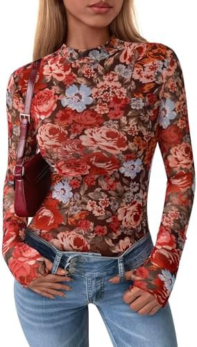 PRETTYGARDEN Womens Mesh Floral Blouses 2025 Fall Clothes Long Sleeve Going Out Tops Fitted Shirt... | Amazon (US)