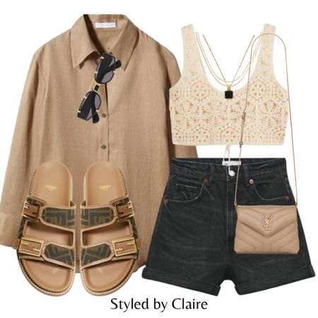 Caramel tones🍪🥨🥐
Tags: flowy oversized shirt, fendi jacquard sandals, black high waist denim shorts, crochet top, gucci sunglasses, gold accessories, cross body bag. Fashion spring summer inspo outfit ideas casual date night holiday brunch 

#LTKstyletip #LTKSeasonal #LTKshoecrush