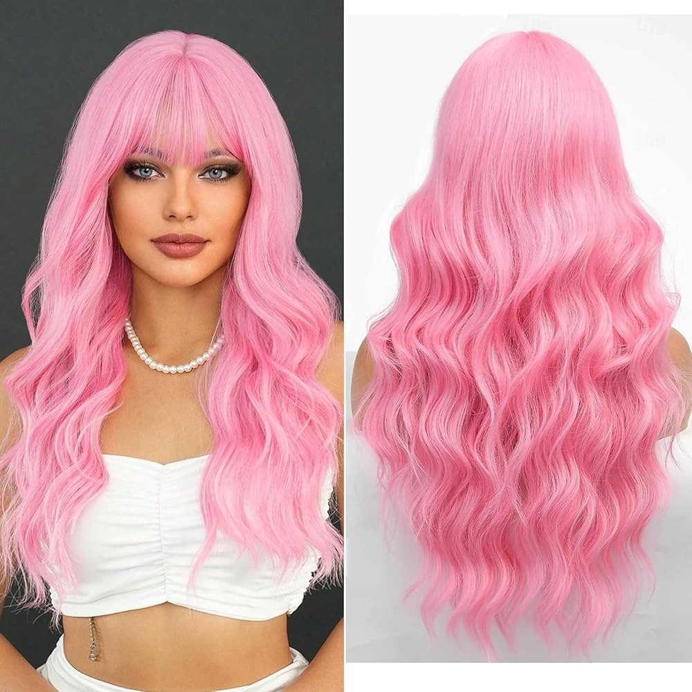 Lovenia Long Pink Wig with Bangs 26'' Long Wavy Hair for Women Middle Part Wigs Pastel Pink Wigs ... | Amazon (US)