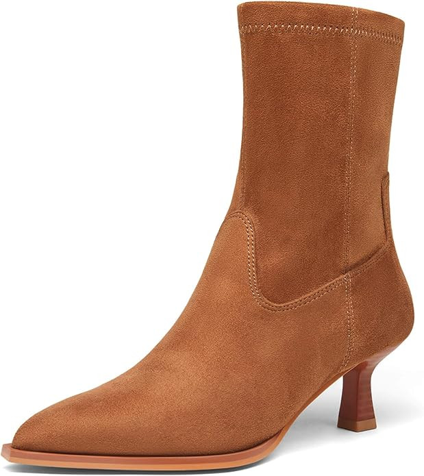 Coutgo Womens Pointed Toe Ankle Boots Stacked Kitten Low Heel Side Zipper Fall Booties Shoes | Amazon (US)