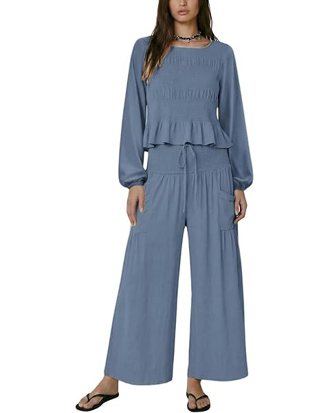 Womens 2-Piece Boho Long Sleeve Smocked Top & Wide Leg Pants Set Casual Lounge Outfit with Pocket... | Amazon (US)