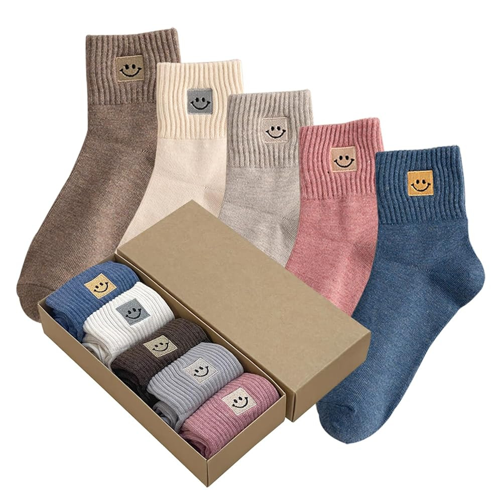 5 Pairs Cute Socks with Smiling Face Embroidery with Gifts Box Socks for Women | Amazon (US)