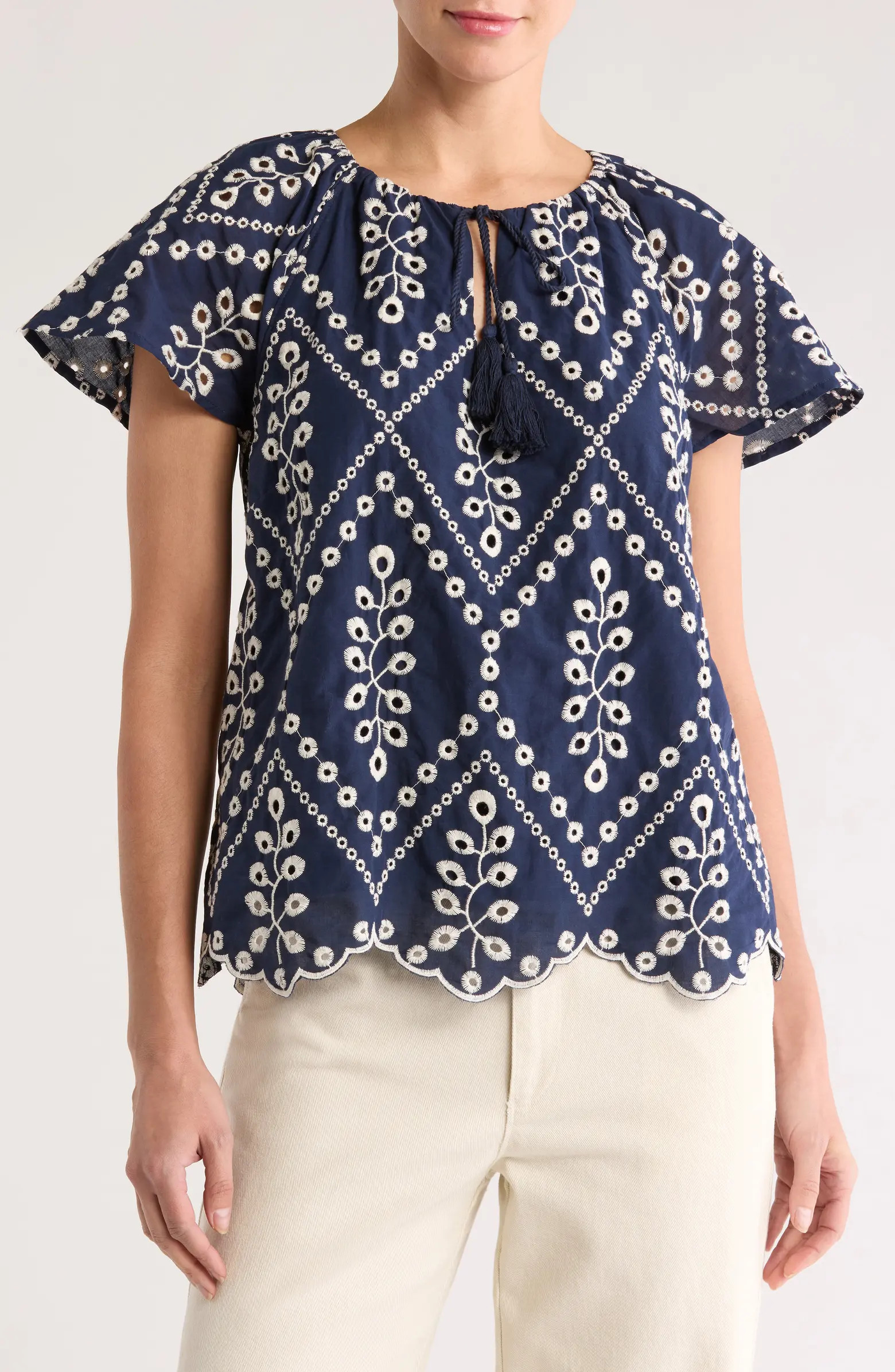 Embroidered Scallop Tie Neck Top | Nordstrom