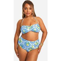 boohoo Women's Plus Lemon Tile Bikini in Blue | Size: 24 | Knitted | boohoo (US & Canada)
