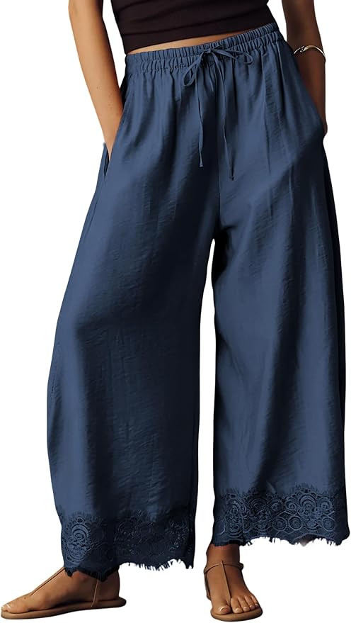 Lviefent Womens Cropped Lace Hem Pants Casual Drawstring Waist Summer Wide Leg Pants Beach Trouse... | Amazon (US)