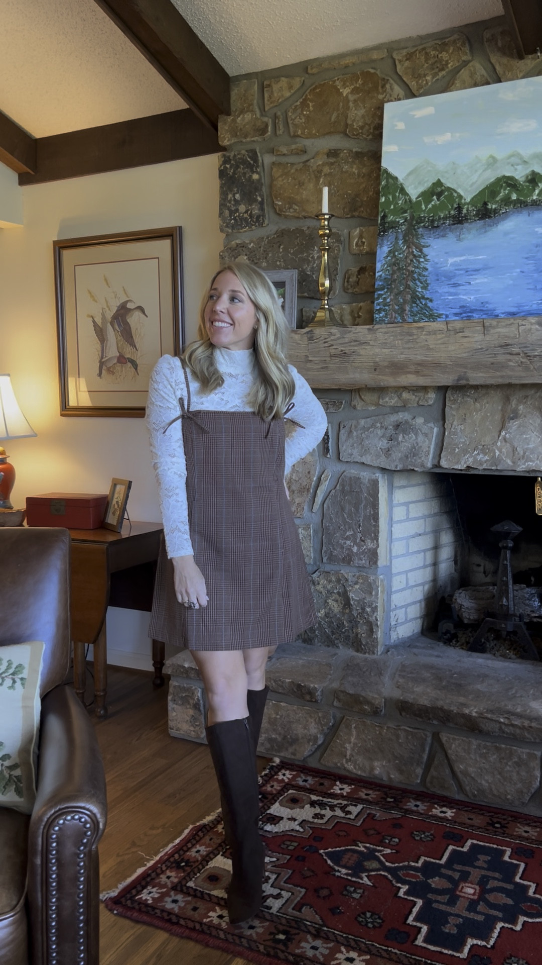 Thanksgiving outfits: a preppy sophisticated plaid mini dress paired with a lace turtleneck and brown suede knee highs boots. This is a perfectly cozy, cute outfit that could be repeated for work with a blazer, or for other fall events!

#LTKVideo #LTKWorkwear #LTKSeasonal