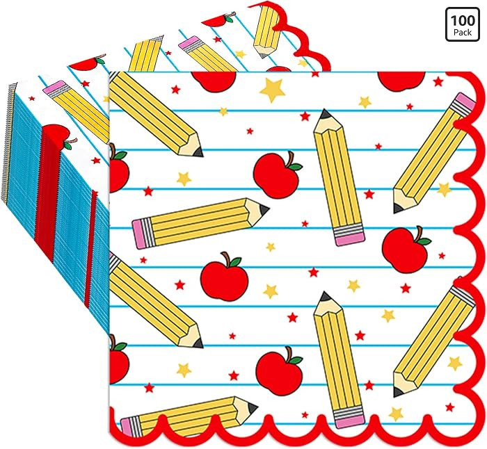 Whaline 100 Pcs Back to School Cocktail Napkins Scalloped Disposable Paper Napkin Apples Pencil N... | Amazon (US)