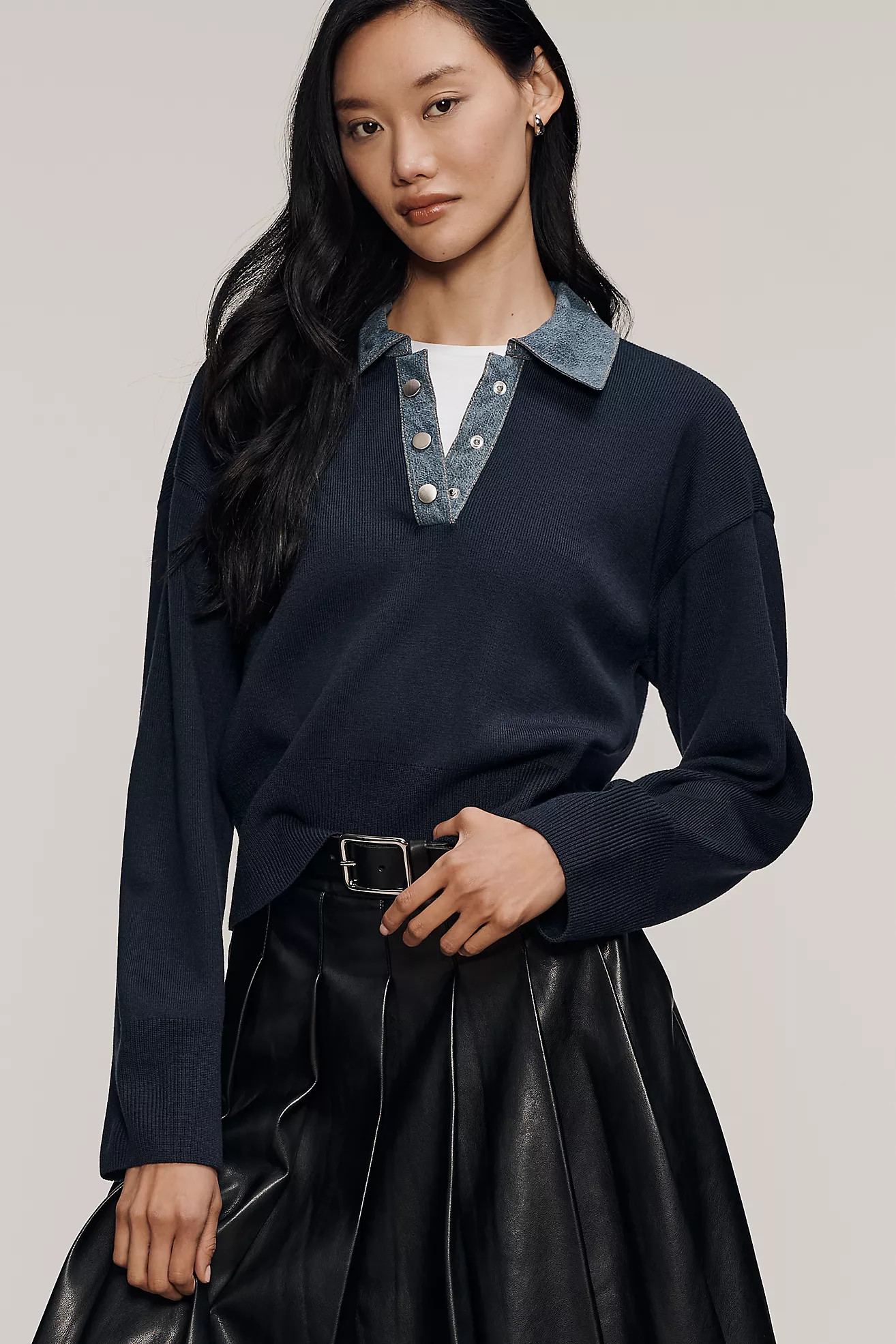 Maeve Polo Denim Contrast Sweater | Anthropologie (US)