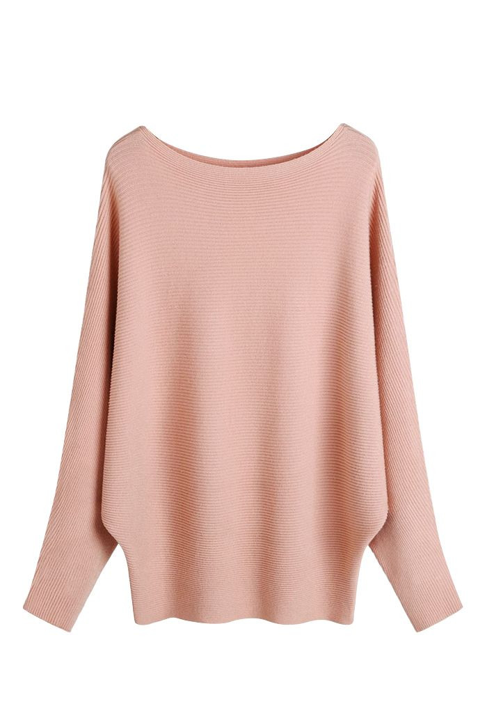 Boat Neck Batwing Sleeves Knit Top in Pink | Chicwish
