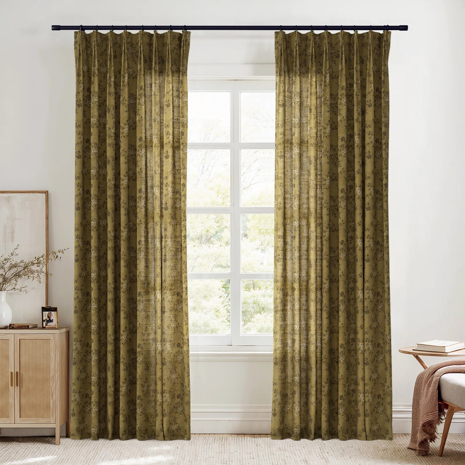 TWOPAGES Unlined Floral Curtain Printed Faux Linen Pinch Pleat Curtain | Wayfair North America