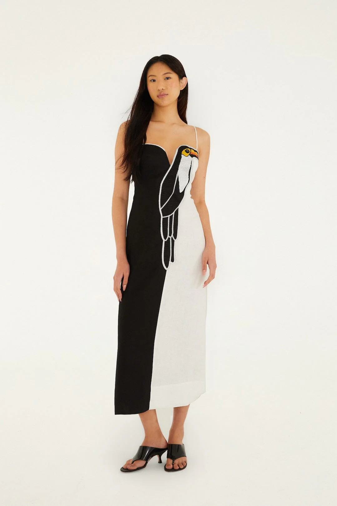 Black And White Embroidered Toucan Euroflax Premium Linen Sleeveless Maxi Dress, BLACK AND WHITE / M | FarmRio (US)