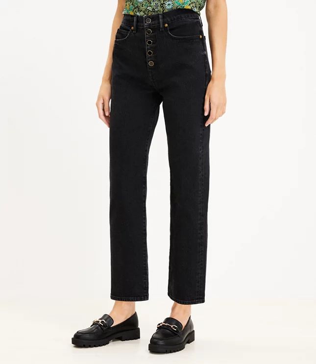 Curvy Button Front 90s Straight Jeans in Black | LOFT