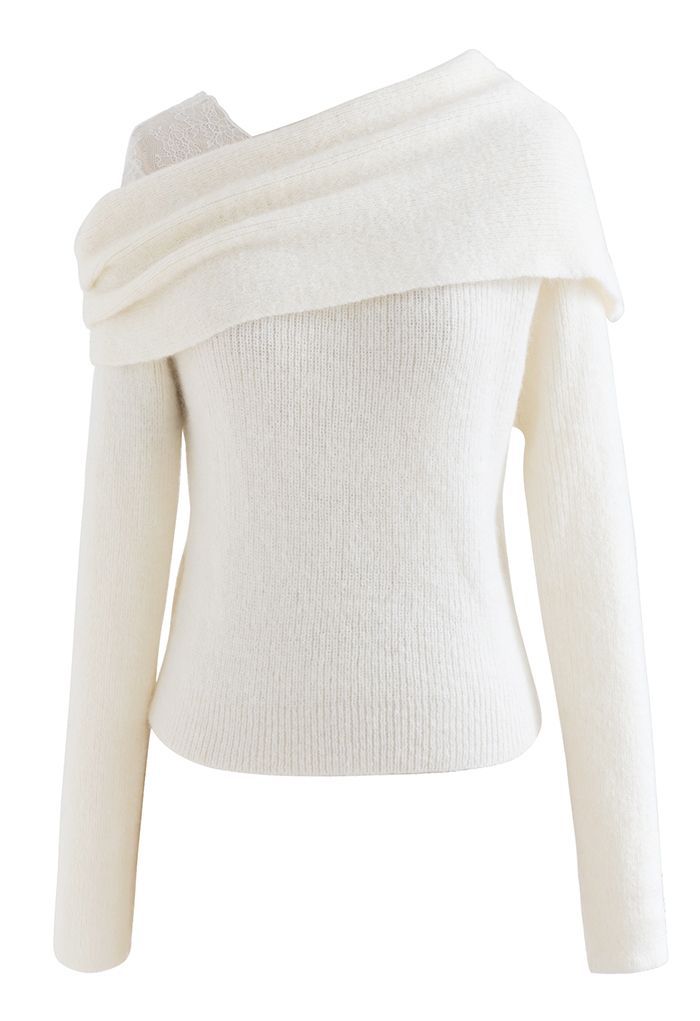 Lacy One-Shoulder Knit Sweater in Ivory | Chicwish