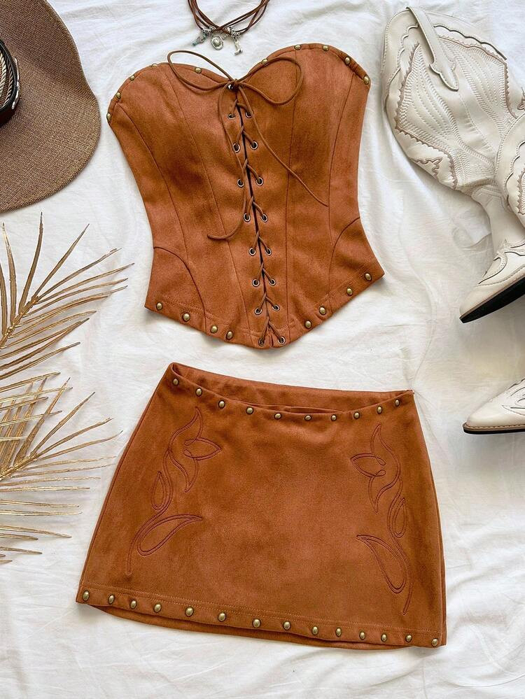 Soleia Women's Sexy Bandeau Suede Rivet Deconstructed Crop Top And Low Waist Mini Skirt 2 Pieces ... | SHEIN