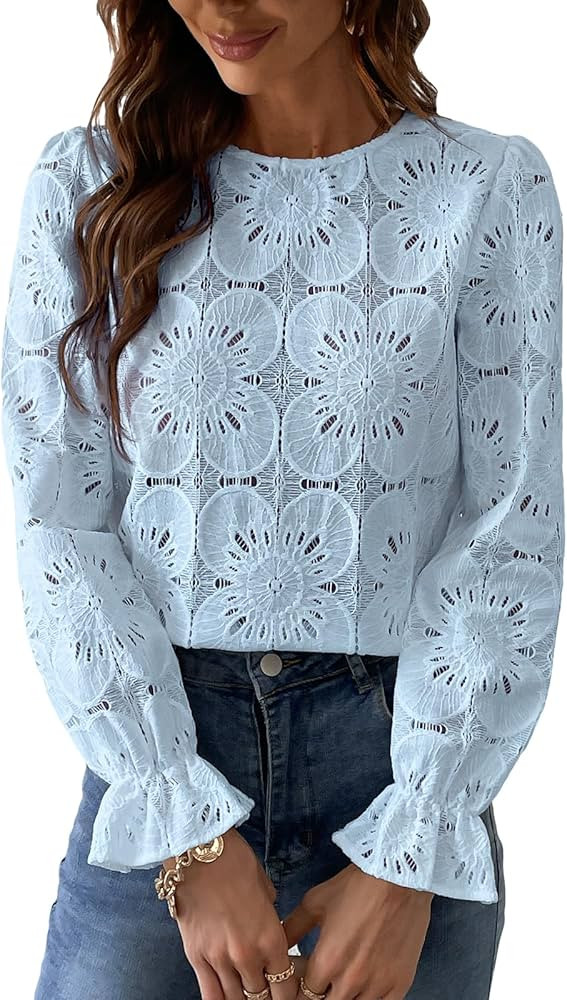 CUPSHE Women Casual Embroidered Floral Eyelet Long Sleeve Blouses Trumpet Sleeve Woven Slim Fit B... | Amazon (US)