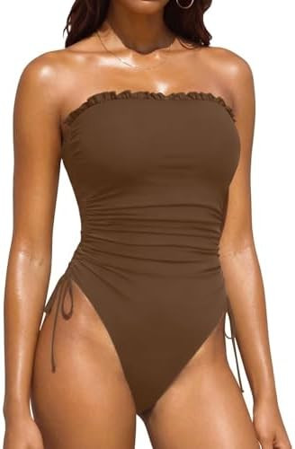 Yonique Women Strapless One Piece Swimsuit Tummy Control Bandeau Bathing Suit Cheeky Swimwear | Amazon (US)