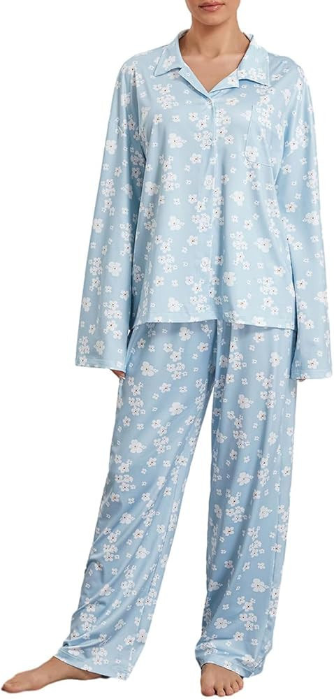 Women 2 Piece Floral Pajama Set Button Down Long Sleeve Wide Leg Fruit Set Cute Pjs Y2K Loungewea... | Amazon (US)