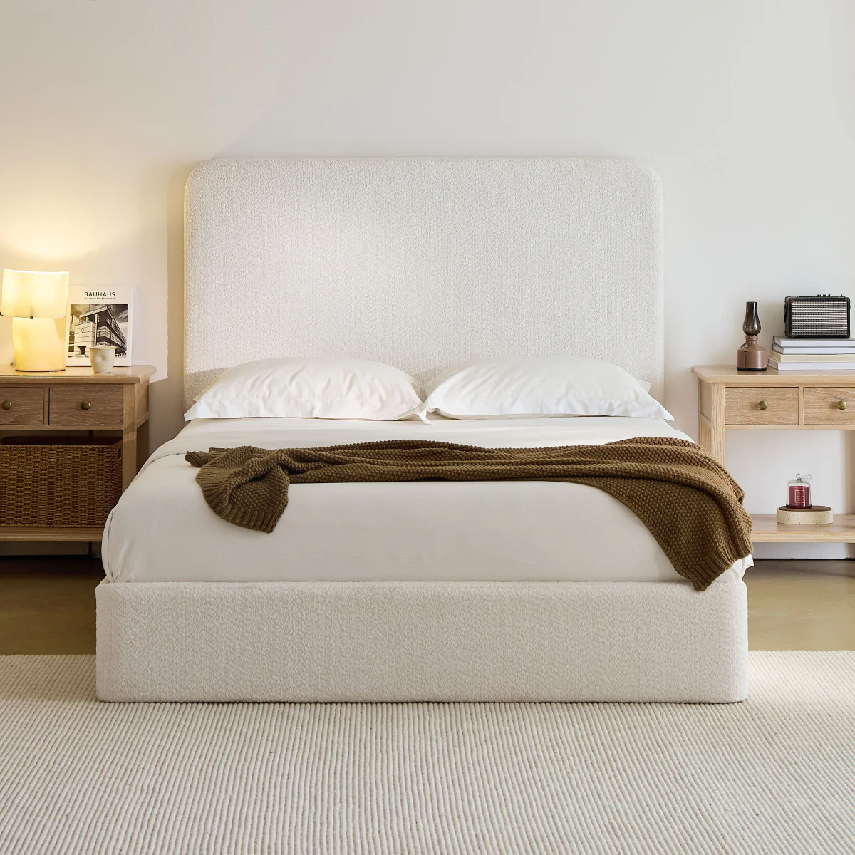 Streamdale Canter Tall Headboard Upholstered Bed - Queen, Pearl White Chenille | Shop Simon