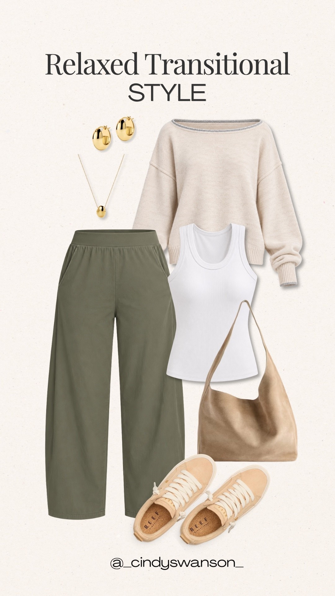 I love an outfit that feels relaxed but still looks put together. This combination of olive green pull-on pants, a soft cream sweater, and a classic white tank is an easy choice for everyday wear. Add neutral sneakers and a taupe shoulder bag, and you have a versatile look that works beautifully for errands, travel days, or a casual weekend.