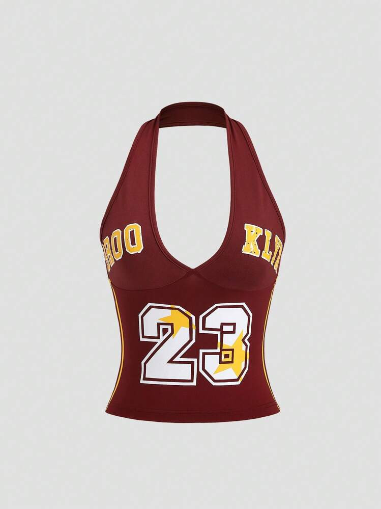 Sweetra Y2K Yin Yang Print Street Style Ribbed Panel Halter Neck Tank Top, Burgundy Athleisure Fabric | SHEIN