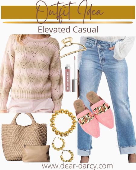 Outfit Idea
Elevated casual 

Cutest jeans under $40

Cute sweater perfect for Valentine’s Day and can be worn in the Spring 

Amazon find
-Great woven tote 
-Pink chain mules
- gold hair clip 

Buxom lip plumper in color spice 

Lisi lurch bracelets and hoop earrings  


#LTKMostLoved #LTKfindsunder50 #LTKstyletip