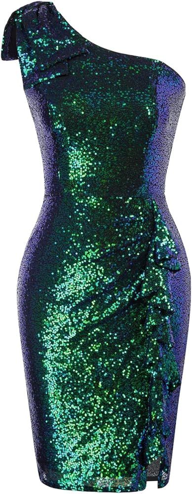 Belle Poque Women's Sequin Bodycon Dress Vintage One Shoulder Sparkly Glitter Fringe Cocktail Par... | Amazon (US)