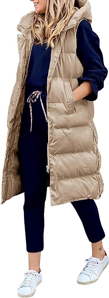 Avilego Women's Hooded Long Down Vest Full-Zip Sleeveless Puffer Vest Fashionable Coats Jacket | Amazon (US)