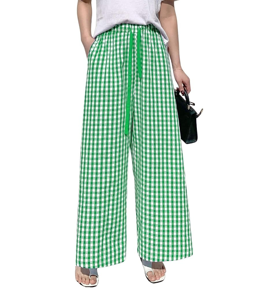 Womens Pajama Pants Plaid Wide Leg Gingham Lounge Pants Plaid Cotton Pajama Bottoms with Pockets | Amazon (US)