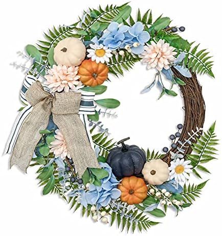 Amazon.com: Valery Madelyn 24 inch Fall Wreath for Front Door, Harvest Wreath with Blue Hydrangea... | Amazon (US)