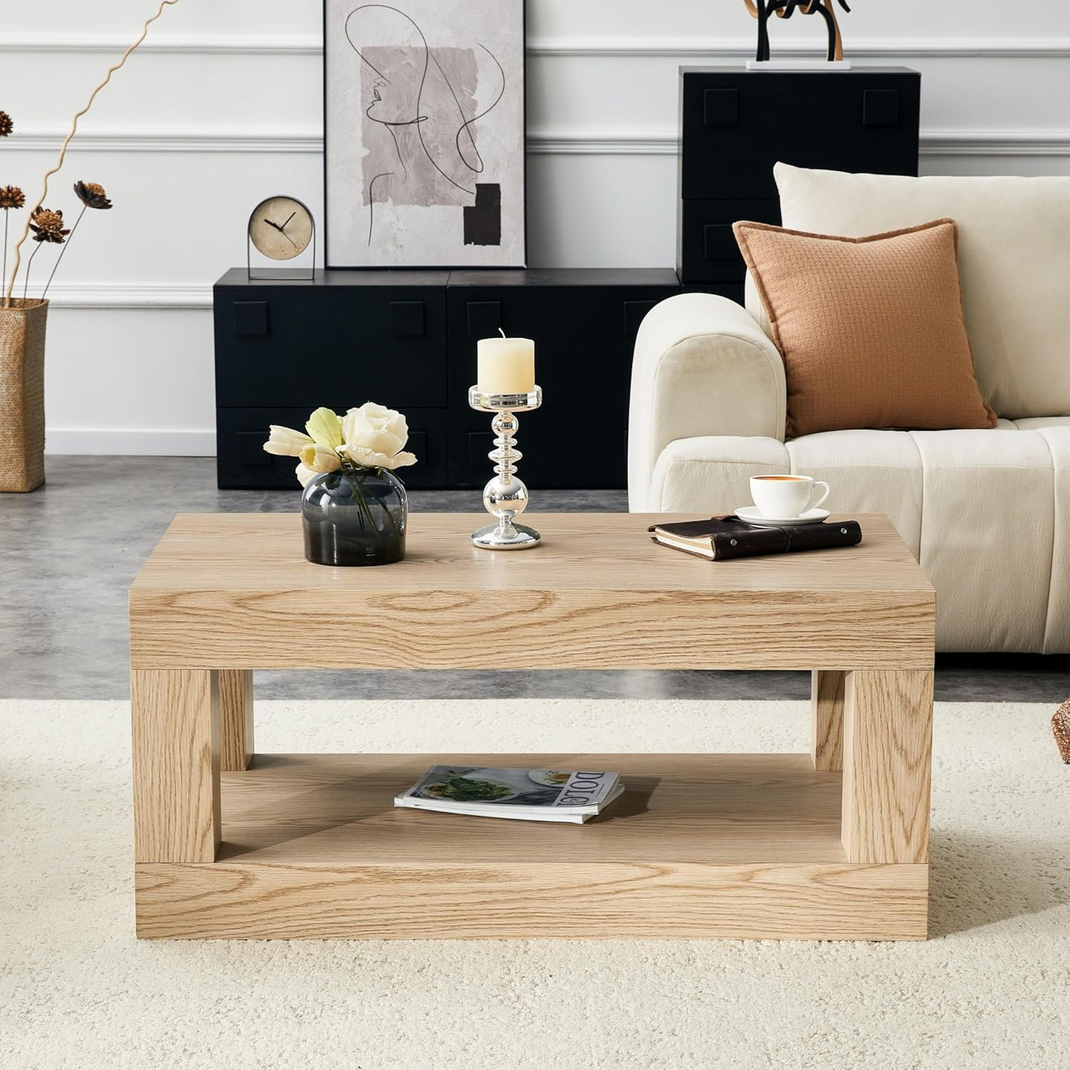 LKTART 39.37" Coffee Table with Storage, 2-Tier Mid Century Rectangular Accent Table with Thick T... | Amazon (US)