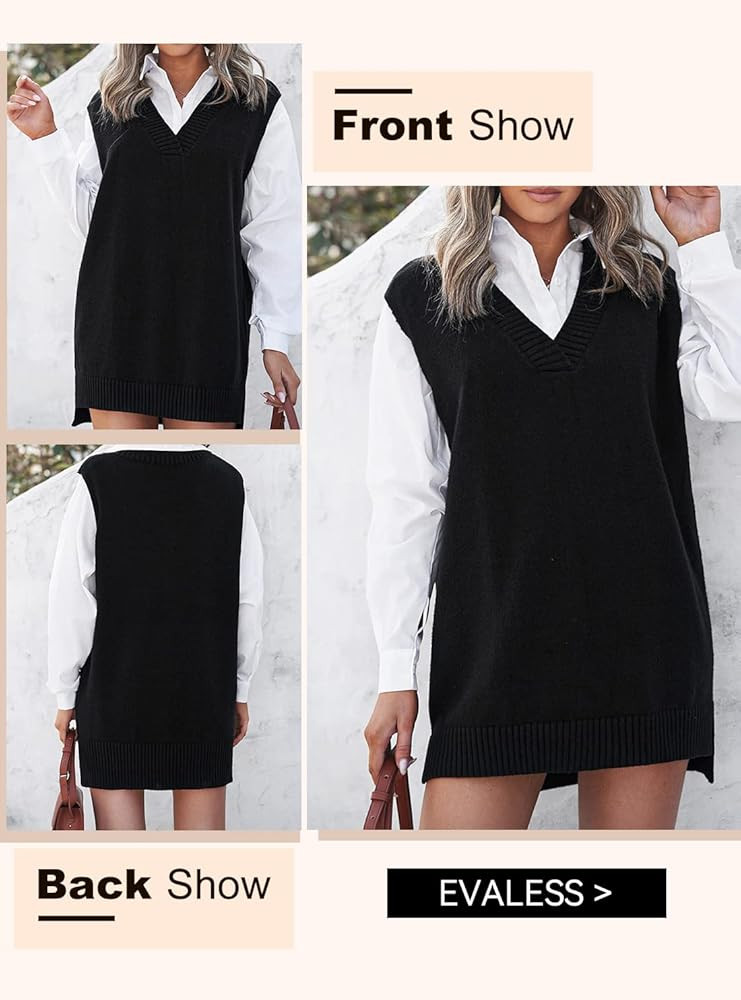 EVALESS Oversized Sweater Vest for Women V Neck Sleeveless Solid Color Loose Pullover Sweater | Amazon (US)