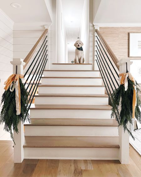 Easy Christmas staircase home decor with faux cedar garland teardrop swag that is still in stock with velvet ribbon from Amazon 🌲 #stairs #amazon #garland #swag #faux #cypress

#LTKstyletip #LTKHoliday #LTKhome