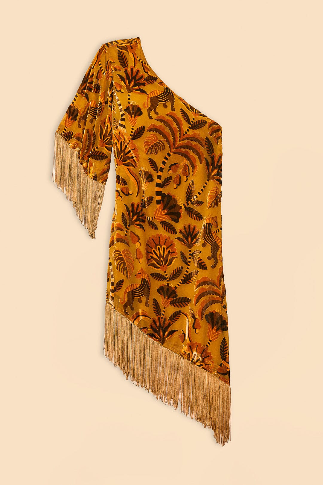 Golden Yellow Velvet One Shoulder Fringe Dress | FarmRio (US)