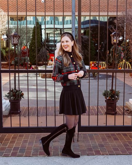 Blair Waldorf inspired outfit. Pleated black mini skirt, plaid tweed cardigan, padded headband, sparkly lured tights, knee high suede black boots. 

#LTKSeasonal #LTKstyletip #LTKshoecrush
